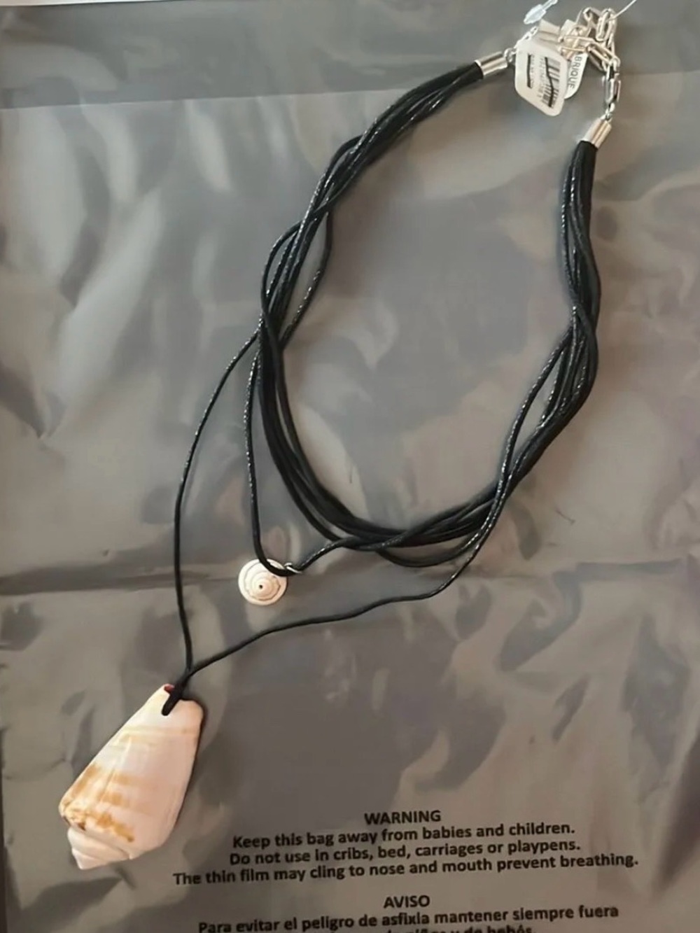 Free People Black Multi-Strand Cord Necklace with Shell Pendants